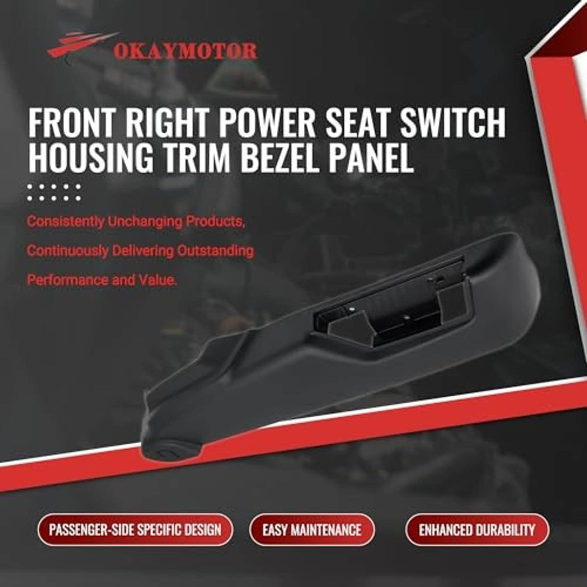 Black power seat switch trim bezel panel housing, angled view with open mounting area