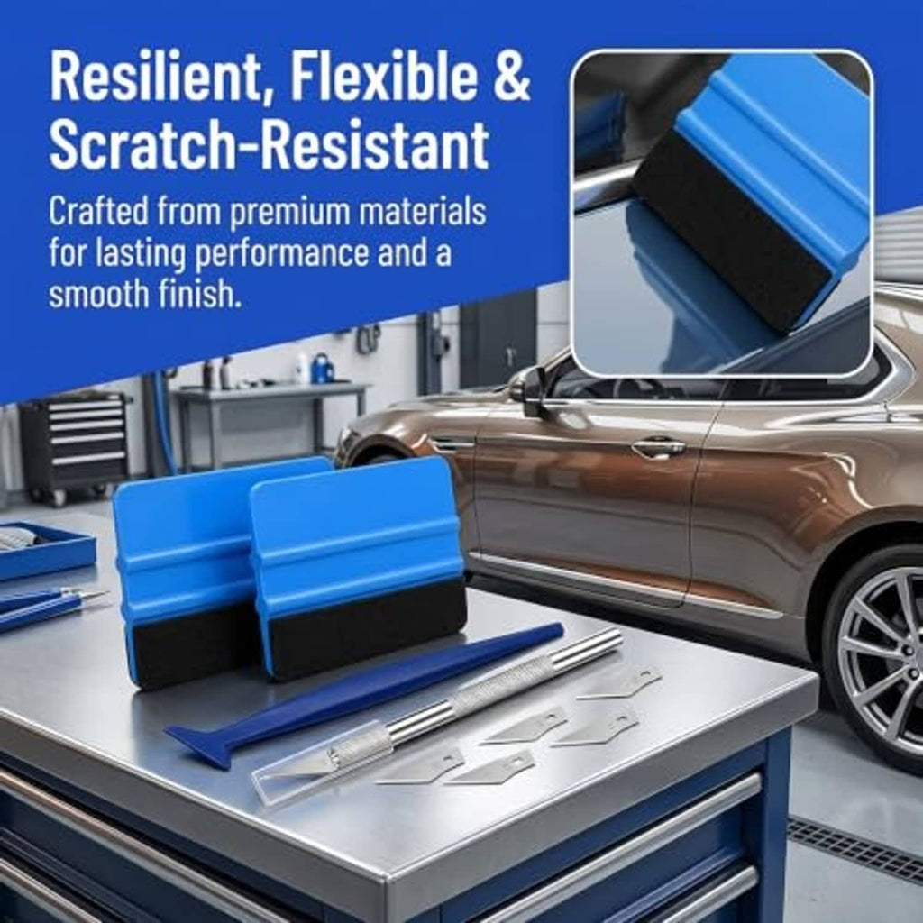 Car window tint kit on tray: blue felt squeegees, craft knife, and blade set