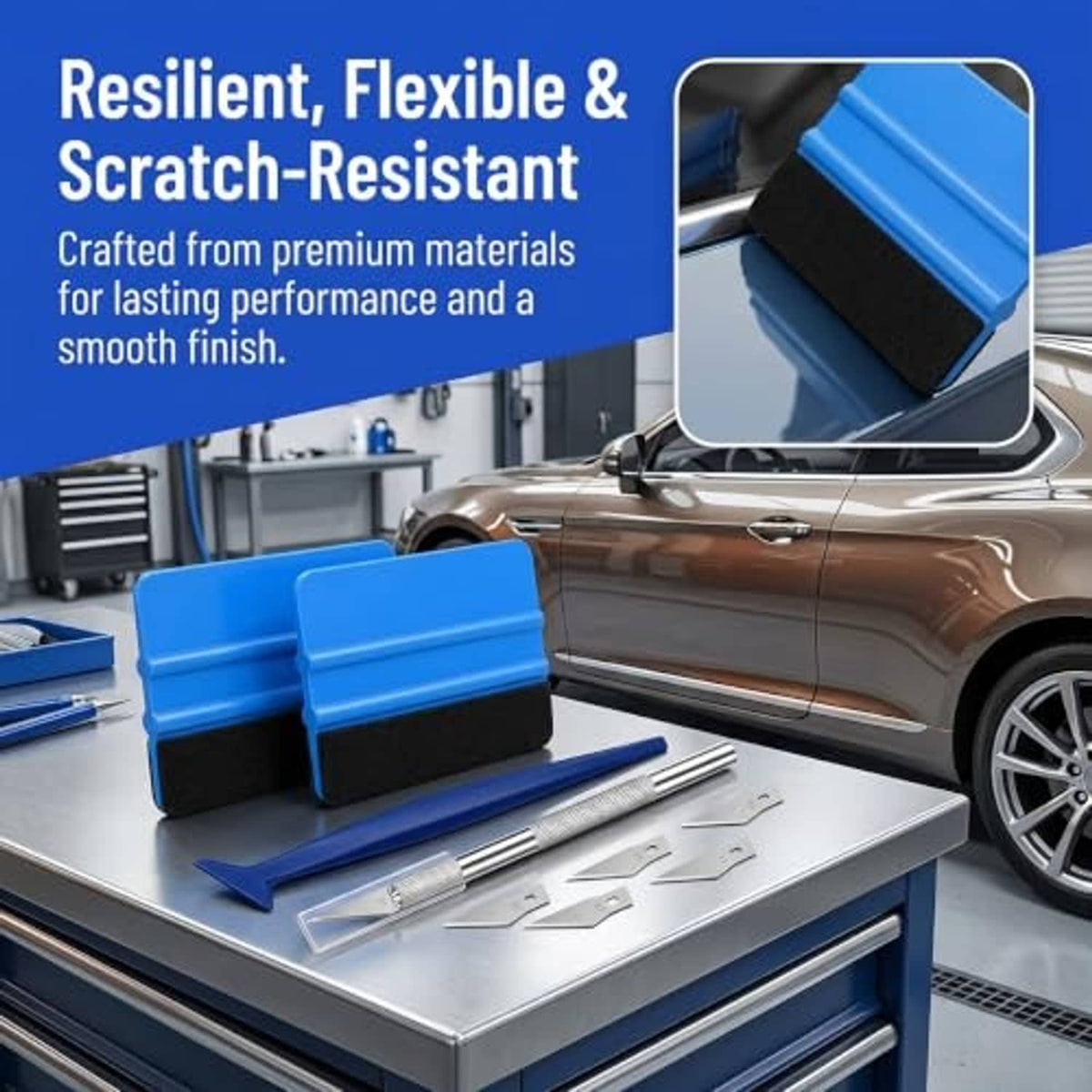 Car window tint kit on tray: blue felt squeegees, craft knife, and blade set