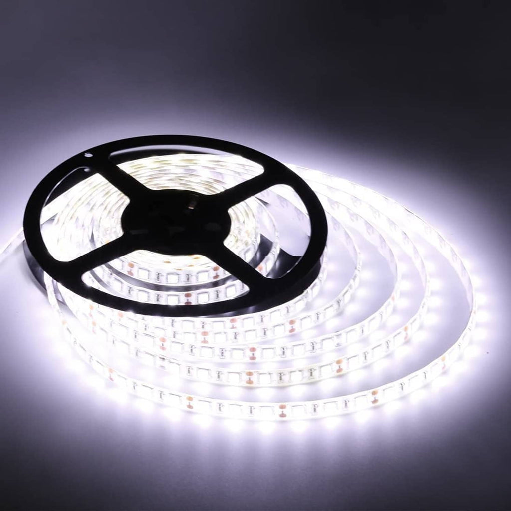Flexible waterproof LED strip reel with bright white LEDs, black cable housing