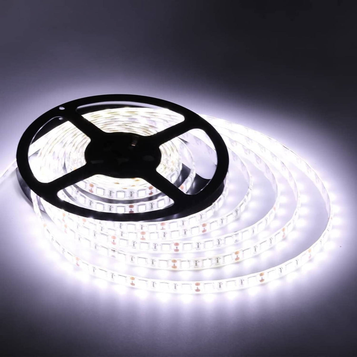 Flexible waterproof LED strip reel with bright white LEDs, black cable housing