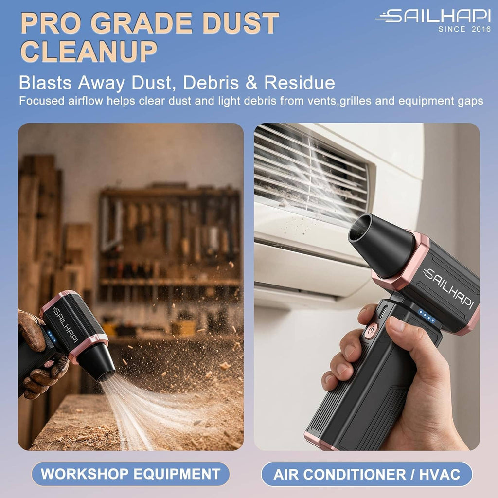 Compact cordless air duster releasing dust-cleaning airflow for vents and HVAC