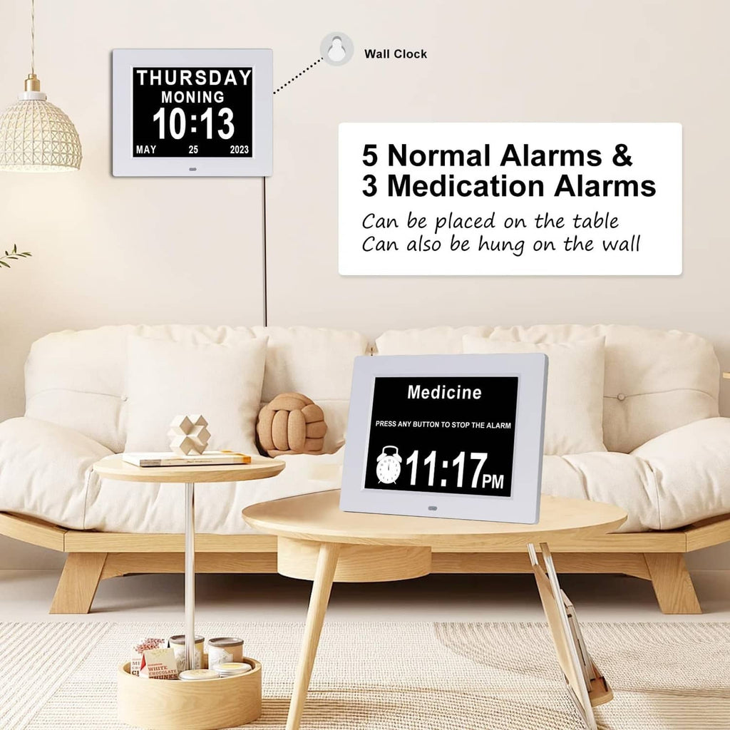 Digital dementia wall clock with medicine alarm screen showing 11:17 PM