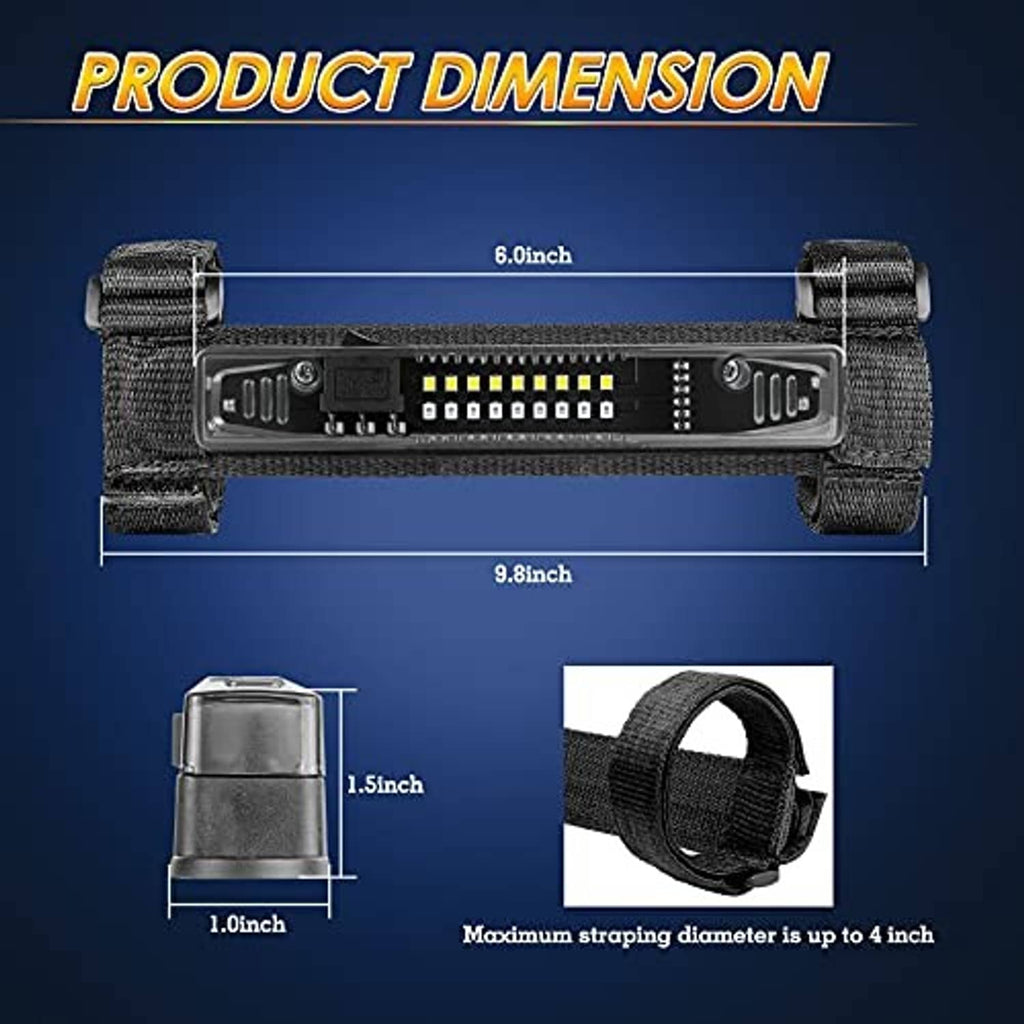 LED dome light bar with black housing and adjustable nylon straps, shown with size guide