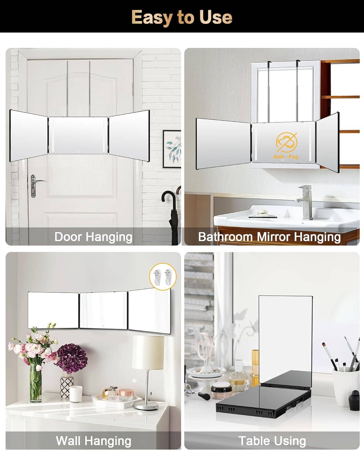 Hair cutting mirror with hanging options for door, bathroom, wall, or table use