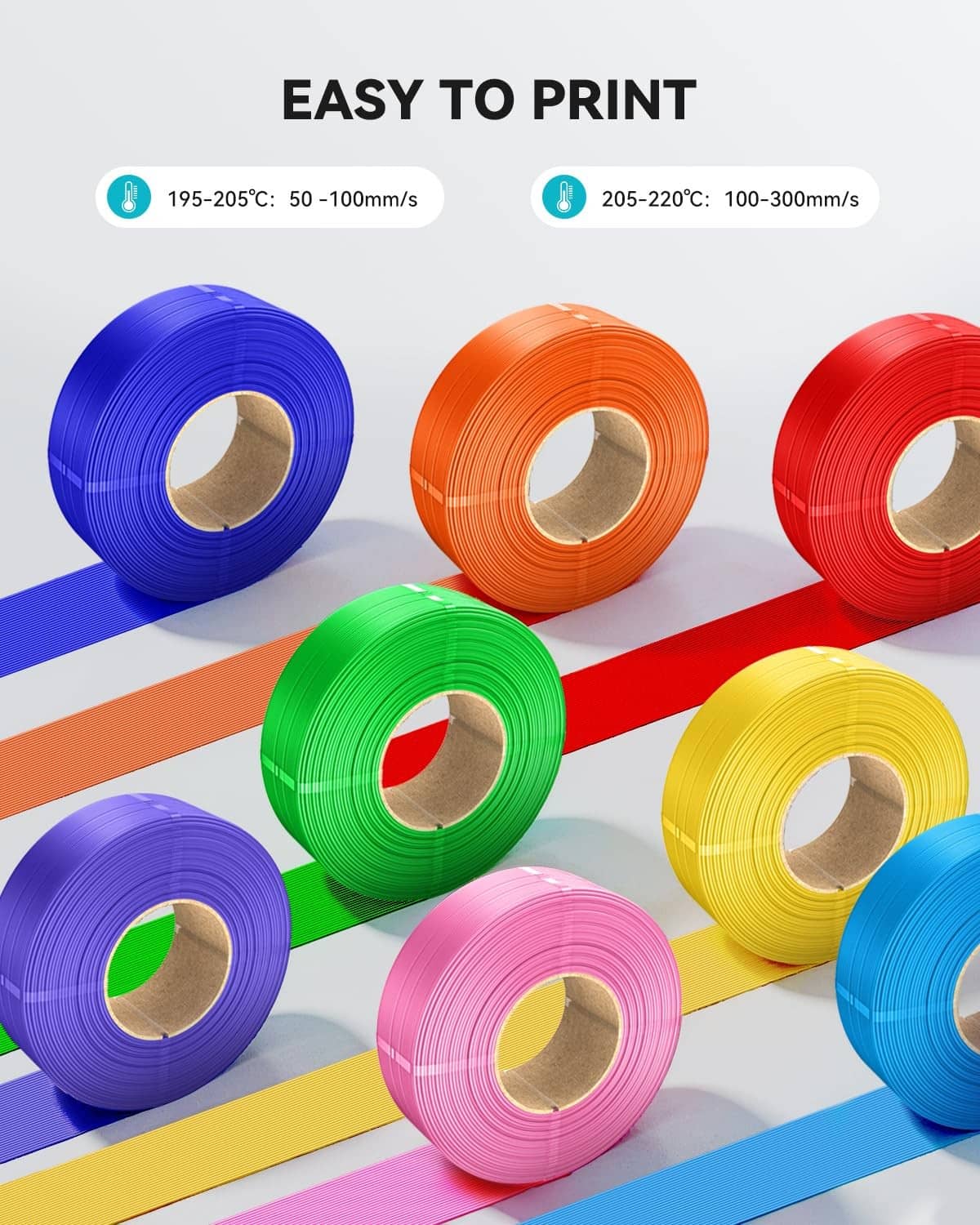 Colorful transparent PLA+ filament refill spools in blue, orange, red, green, pink, and yellow