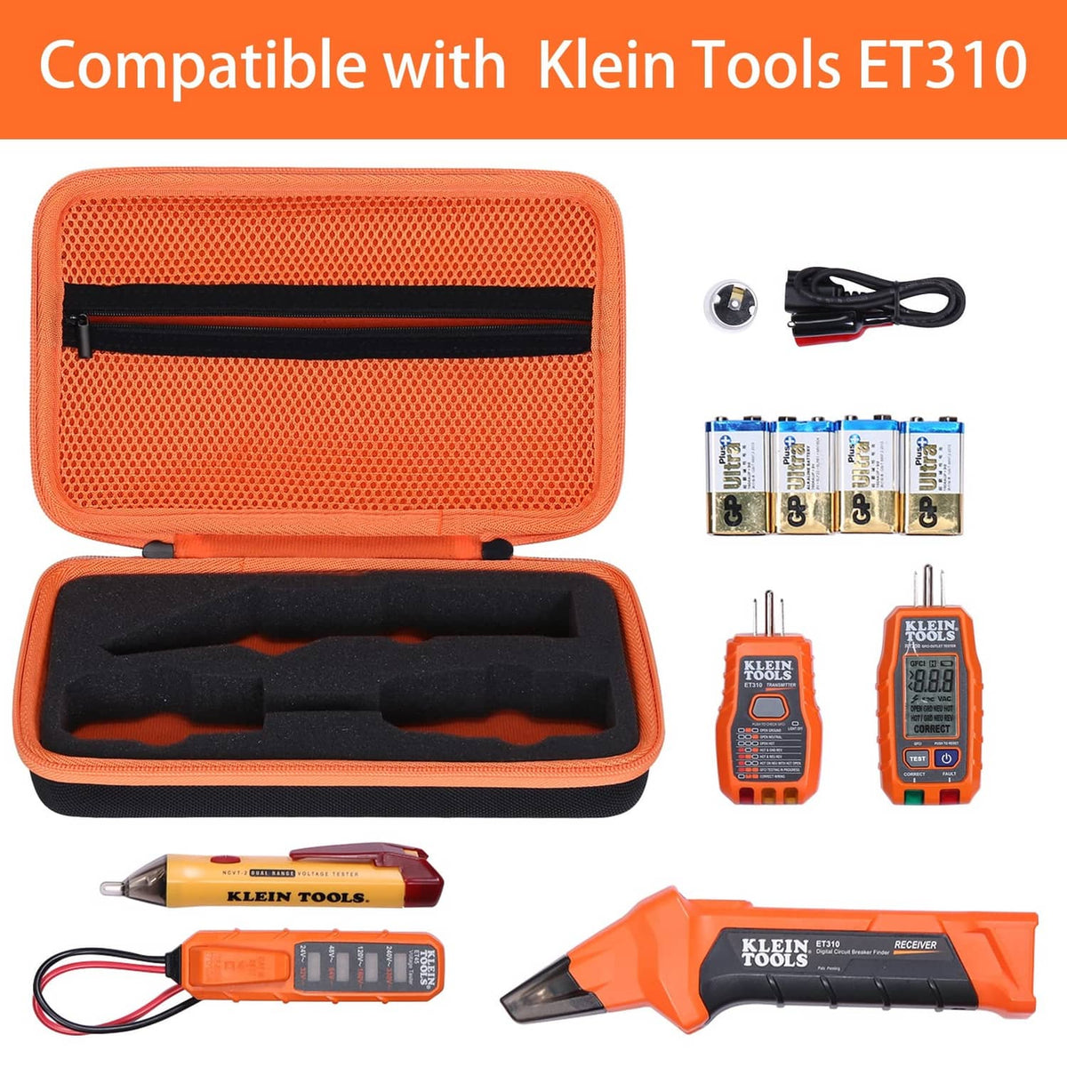 Orange hard tool case with zipper lid, foam insert, and tester accessories shown