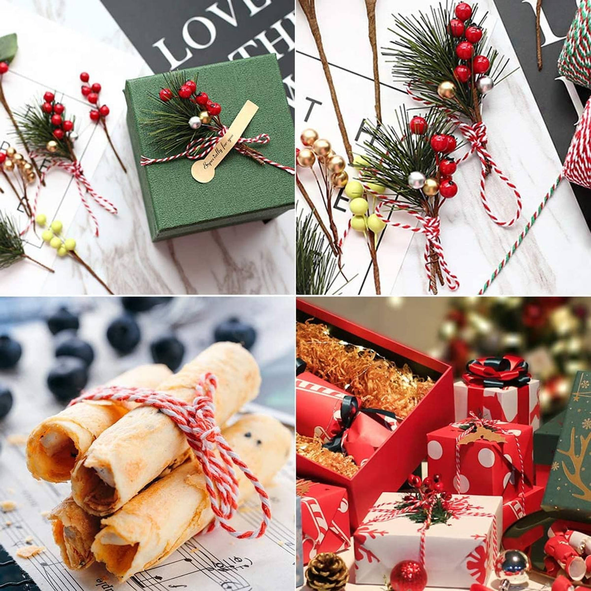 Red and white twine tied around holiday gift items and baked rolls