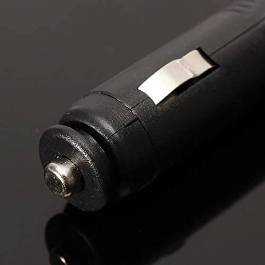 12V power plug with metal tip and black cable connector close-up
