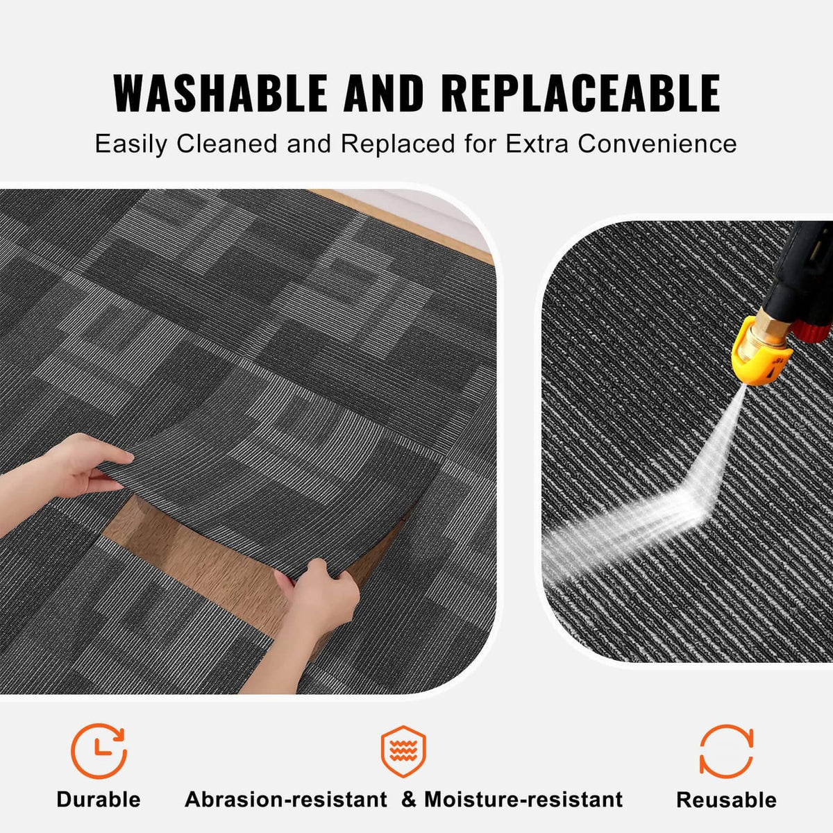 Mixed gray carpet tile surface with short texture, shown for cleaning and reuse