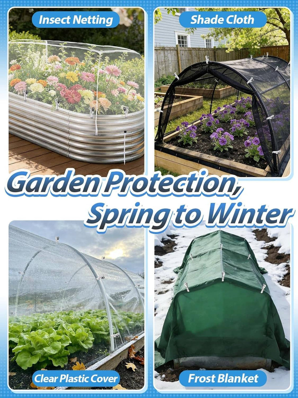 Stainless steel greenhouse clips holding a clear plastic cover over plants.