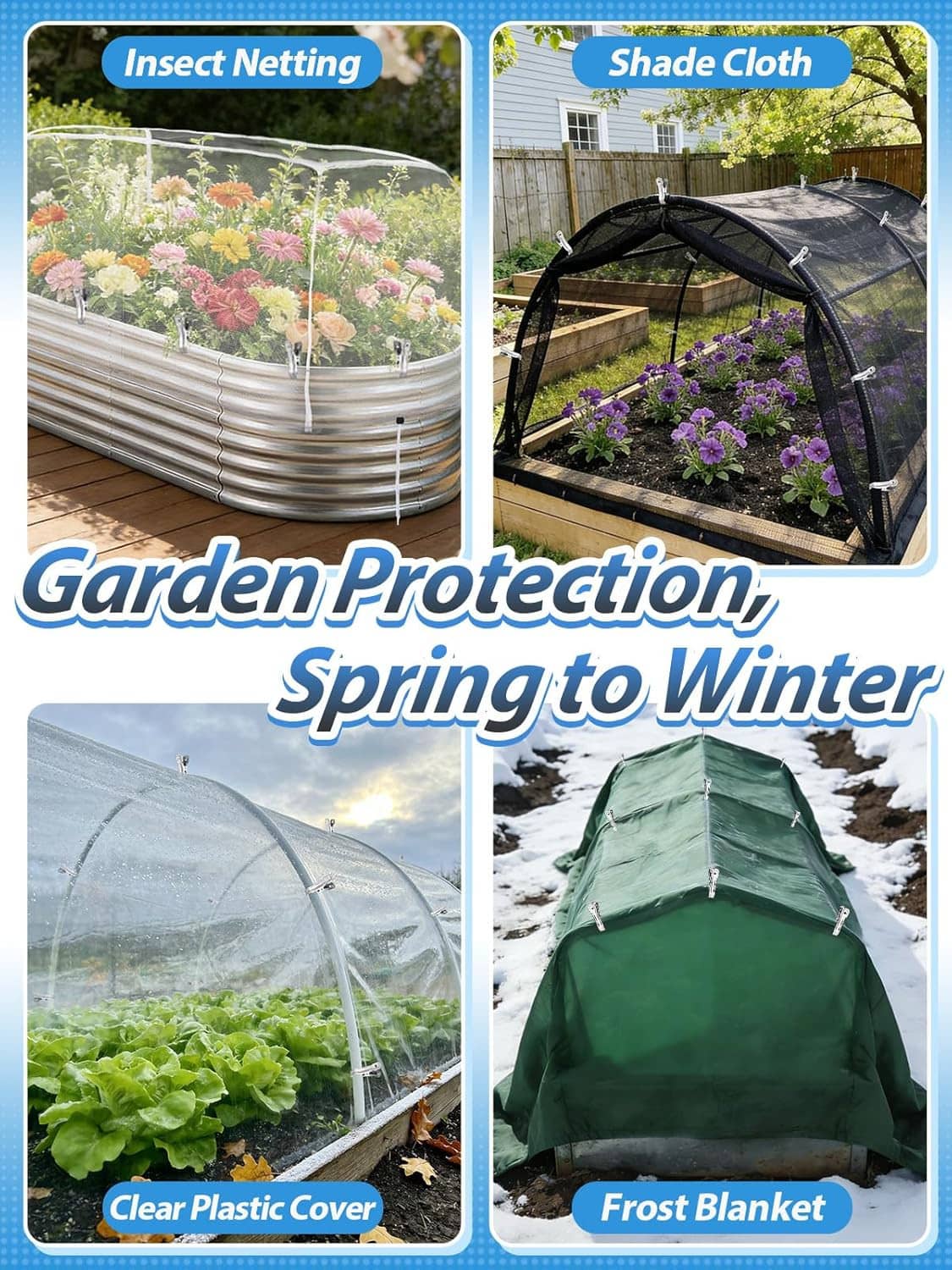 Stainless steel greenhouse clips holding a clear plastic cover over plants.