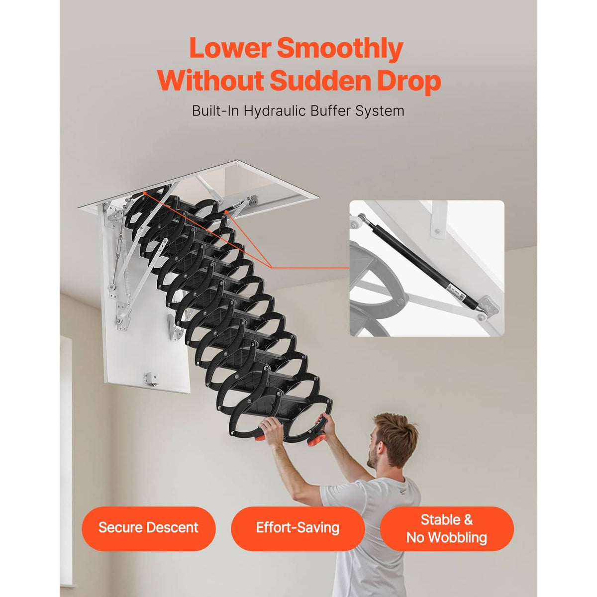 Ceiling-mounted folding ladder with hydraulic-close steps and stable no-wobble design