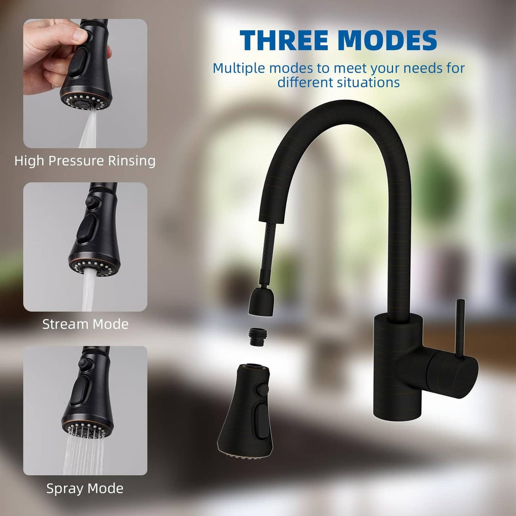 Black pull-down kitchen faucet with arched spout and handheld spray head