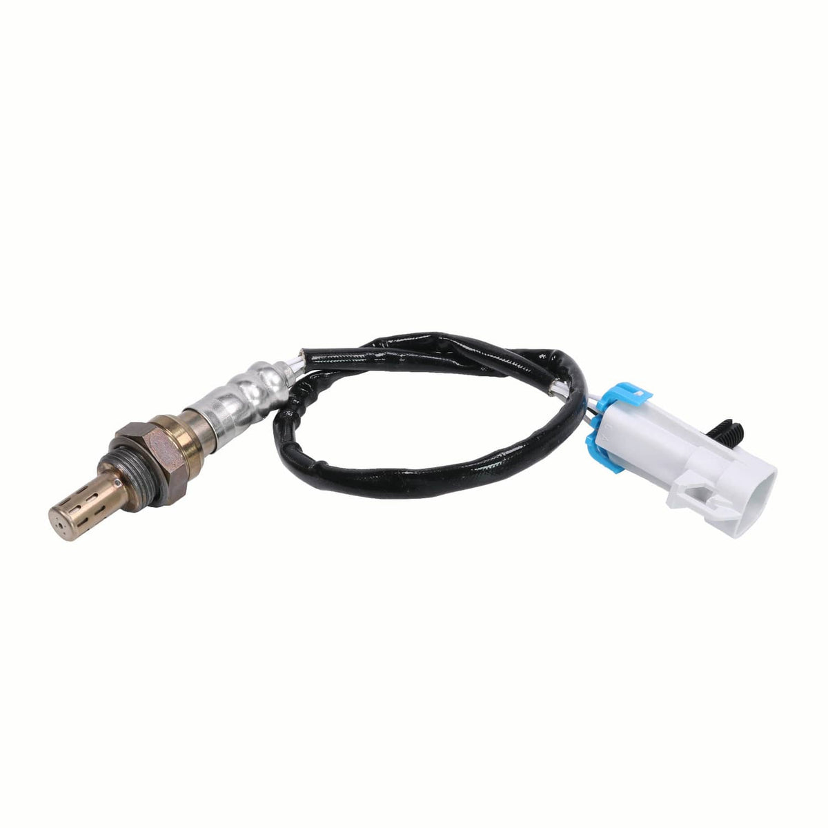 Upstream O2 oxygen sensor with black wiring, blue-clip connector, and metal probe