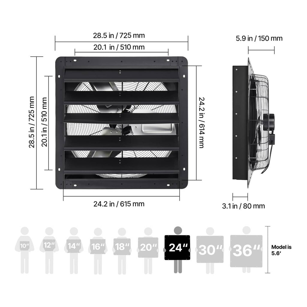 24-inch wall exhaust fan side and front dimension diagram