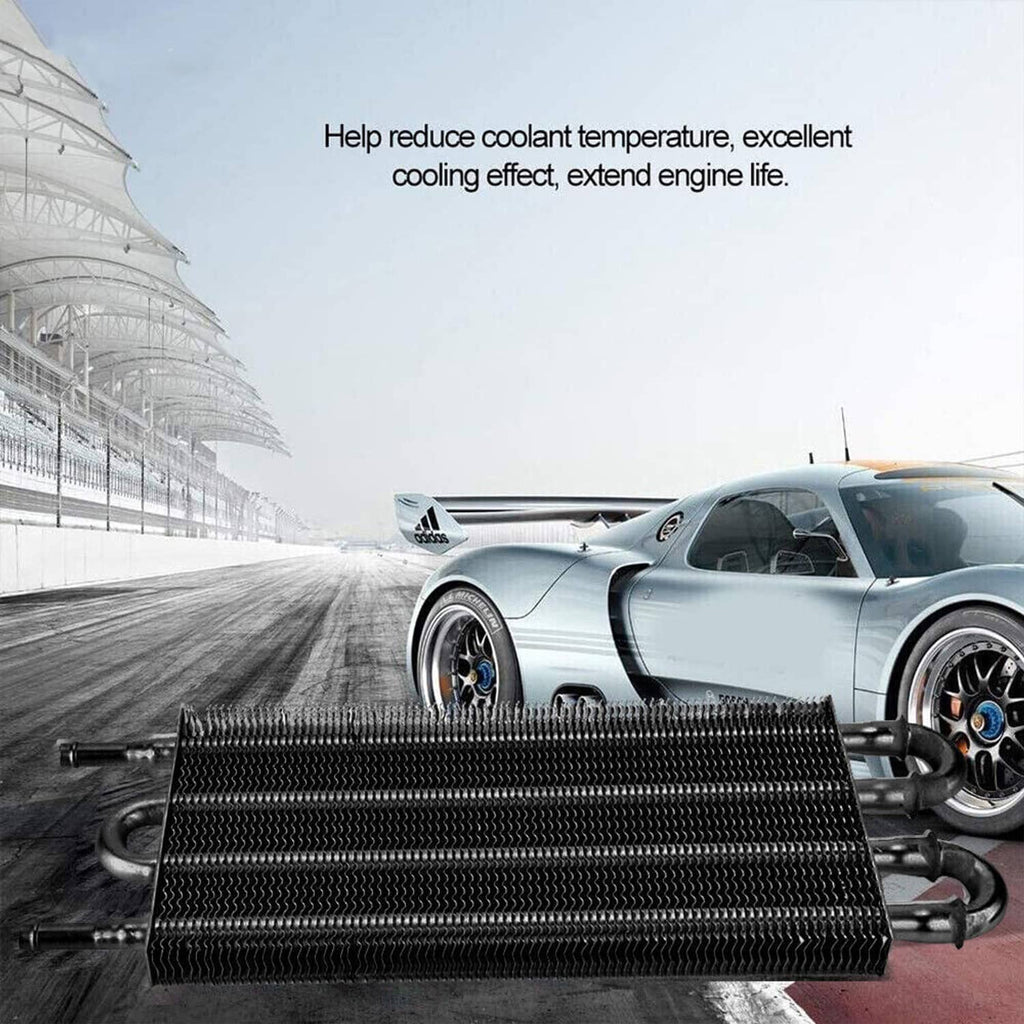 Oil cooler radiator with black fins and curved hose ports on vehicle front