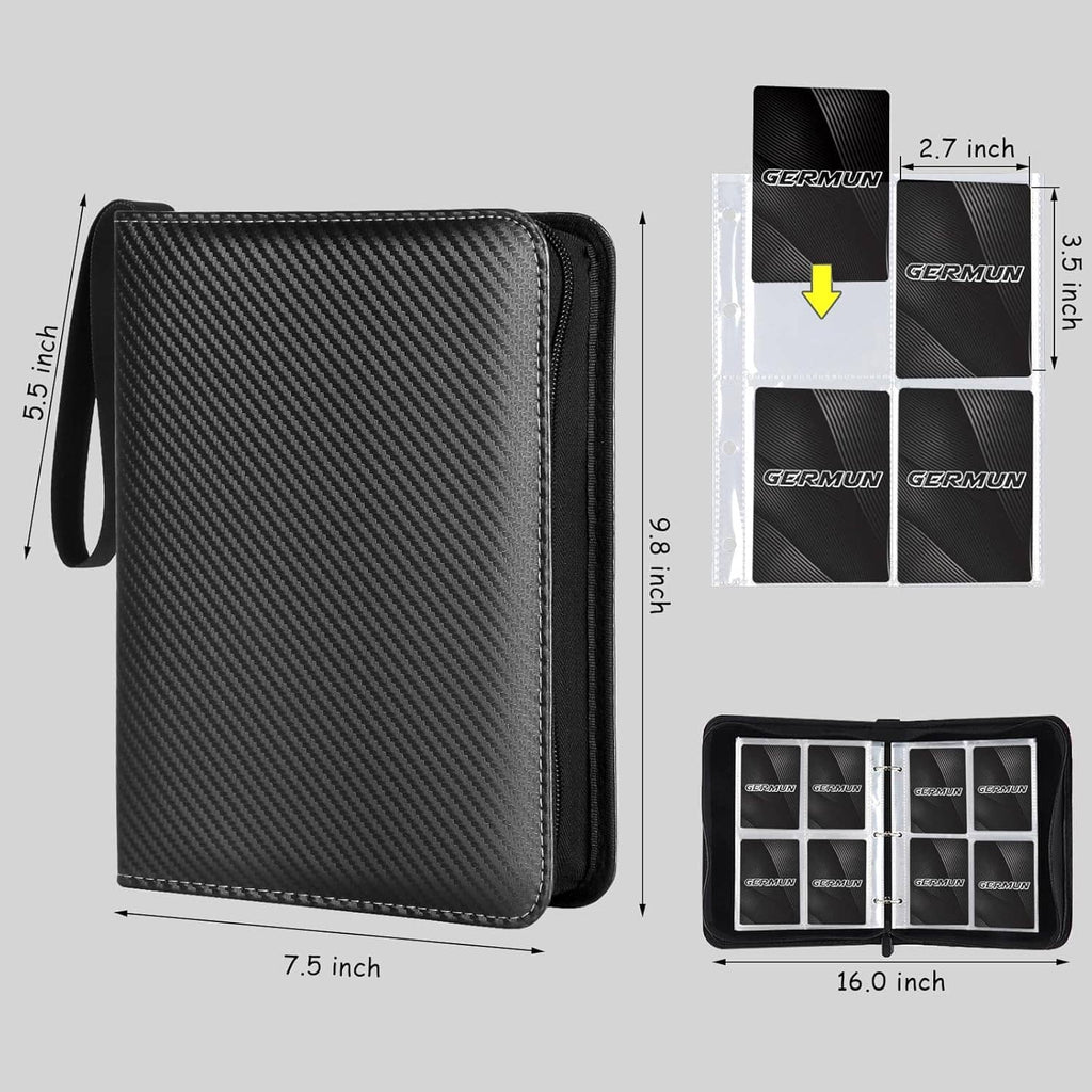 Black zip card binder with wrist strap, closed front view and open pocket sleeve insert