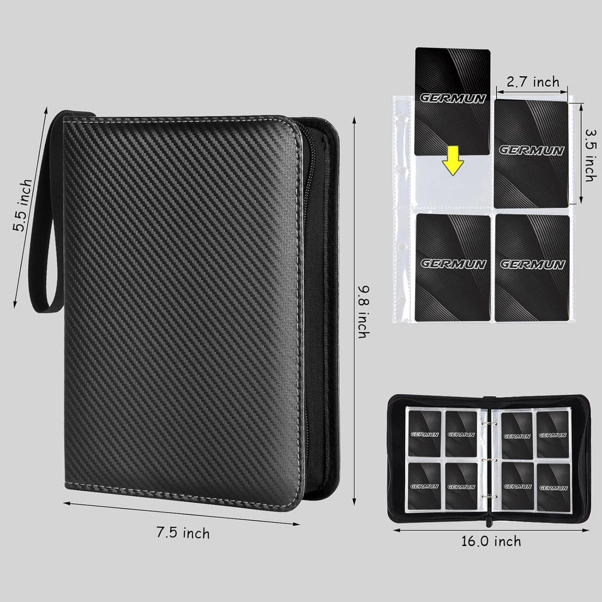 Black zip card binder with wrist strap, closed front view and open pocket sleeve insert