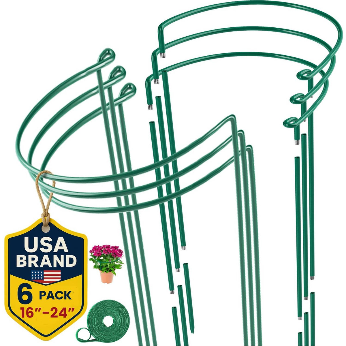 Green plant support stakes set with circular frame and vertical rods