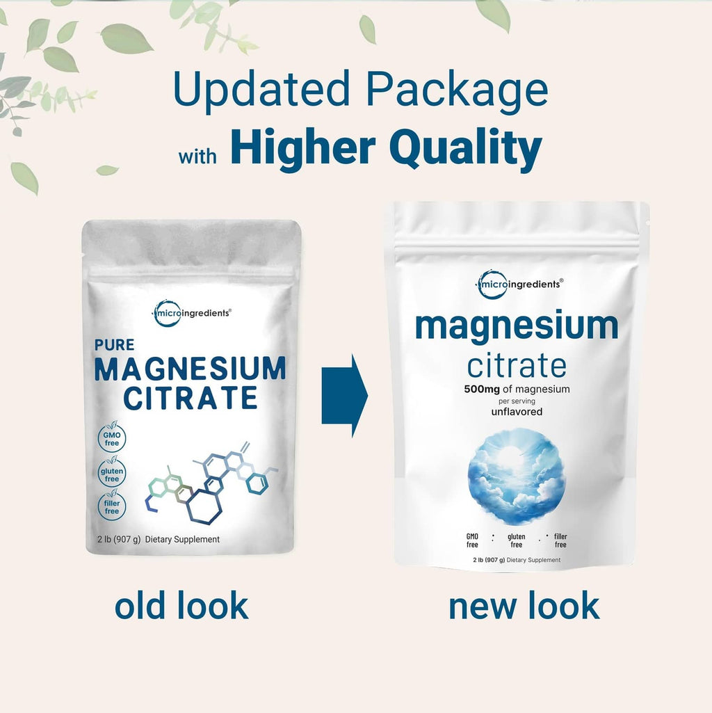 Magnesium citrate powder supplement pouch, old vs new packaging design