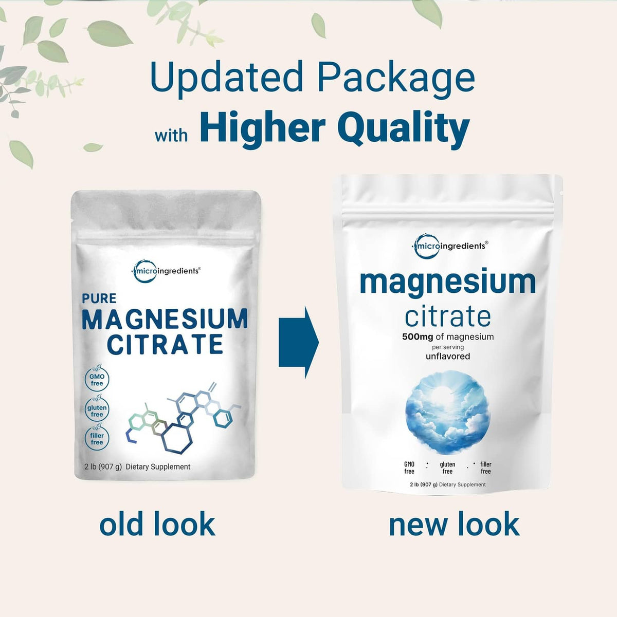 Magnesium citrate powder supplement pouch, old vs new packaging design
