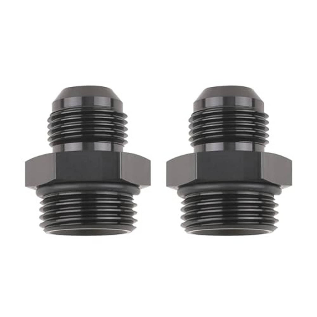 Black AN adapter fittings with ORB flare ends, male threads, paired set