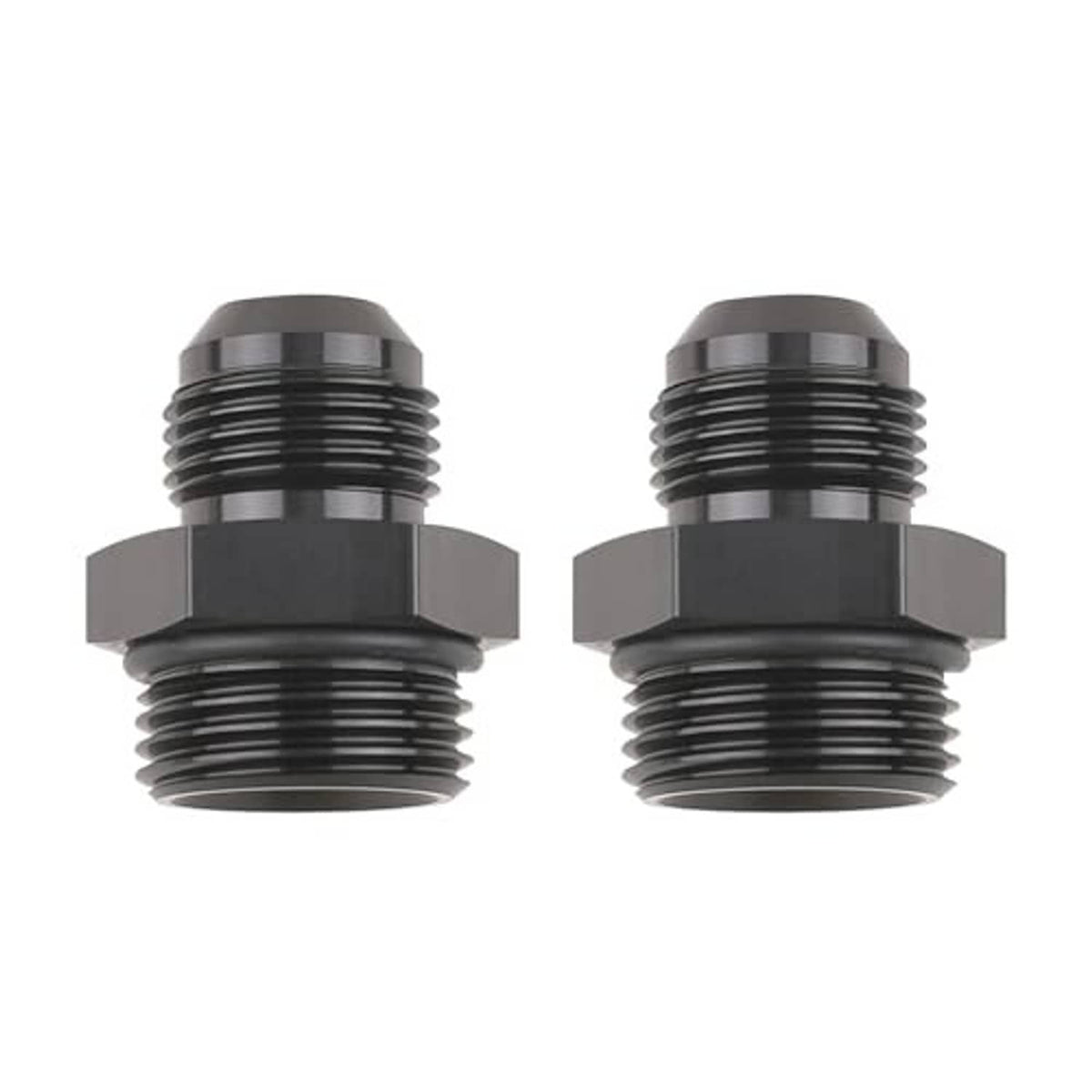 Black AN adapter fittings with ORB flare ends, male threads, paired set