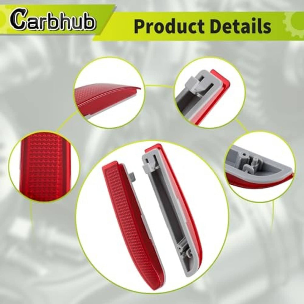 Red rear bumper reflector with gray mounting housing and clip, close-up detail