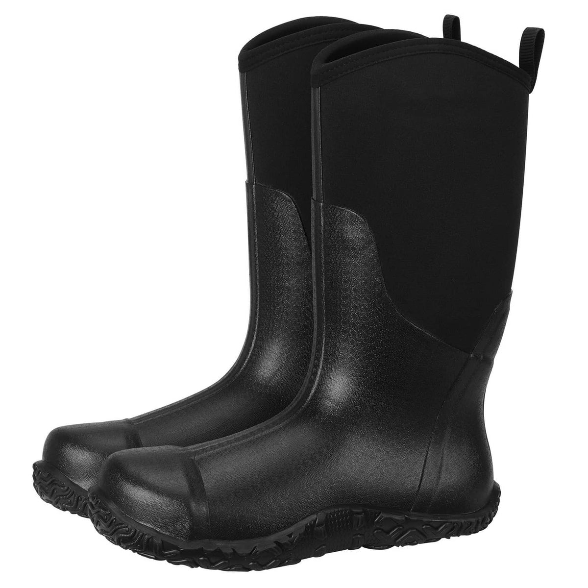 Black tall rubber work boot with textured tread sole and side pull tab