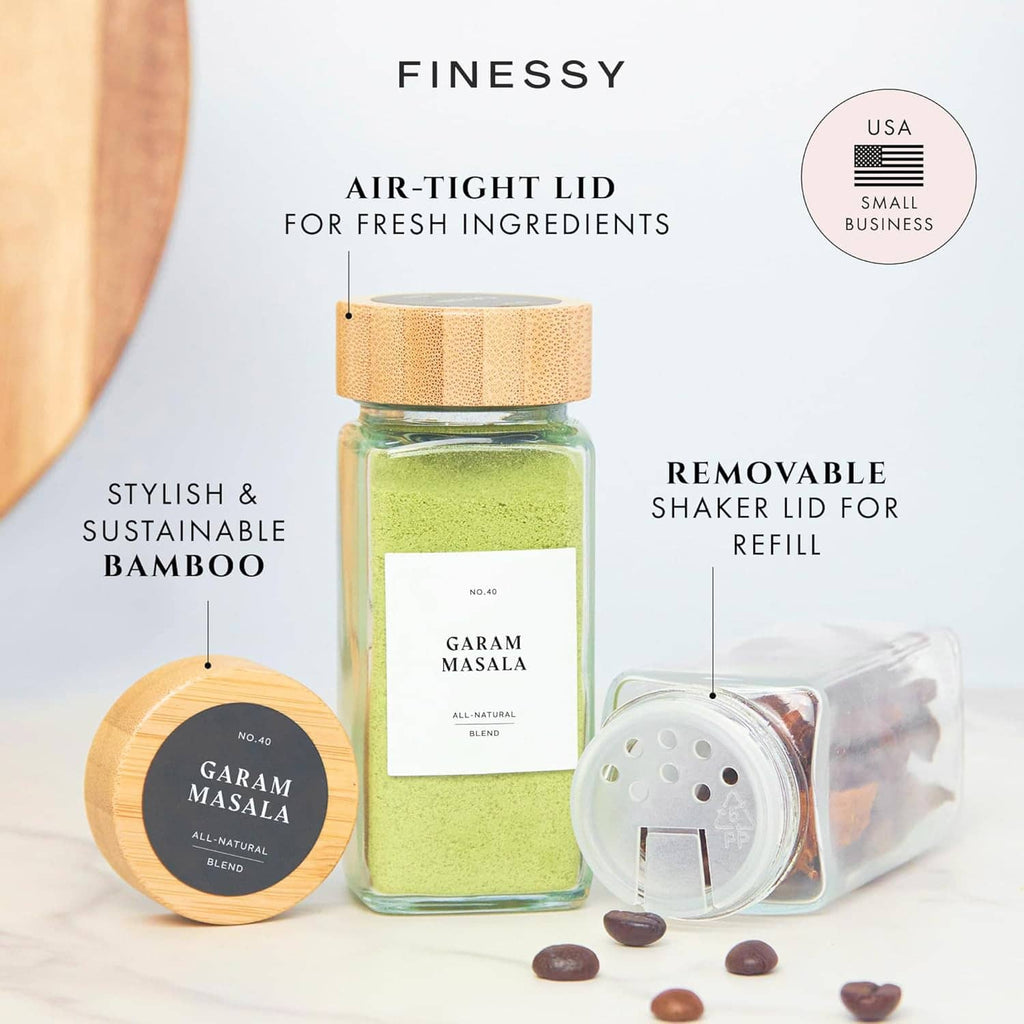 Air-tight bamboo-lid glass spice jar with removable shaker lid and refill accessory