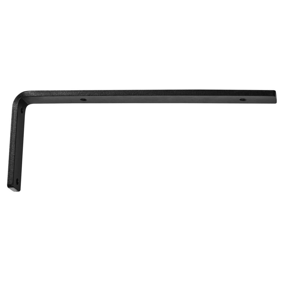Black L-shaped heavy duty floating shelf bracket with mounting holes on the top bar