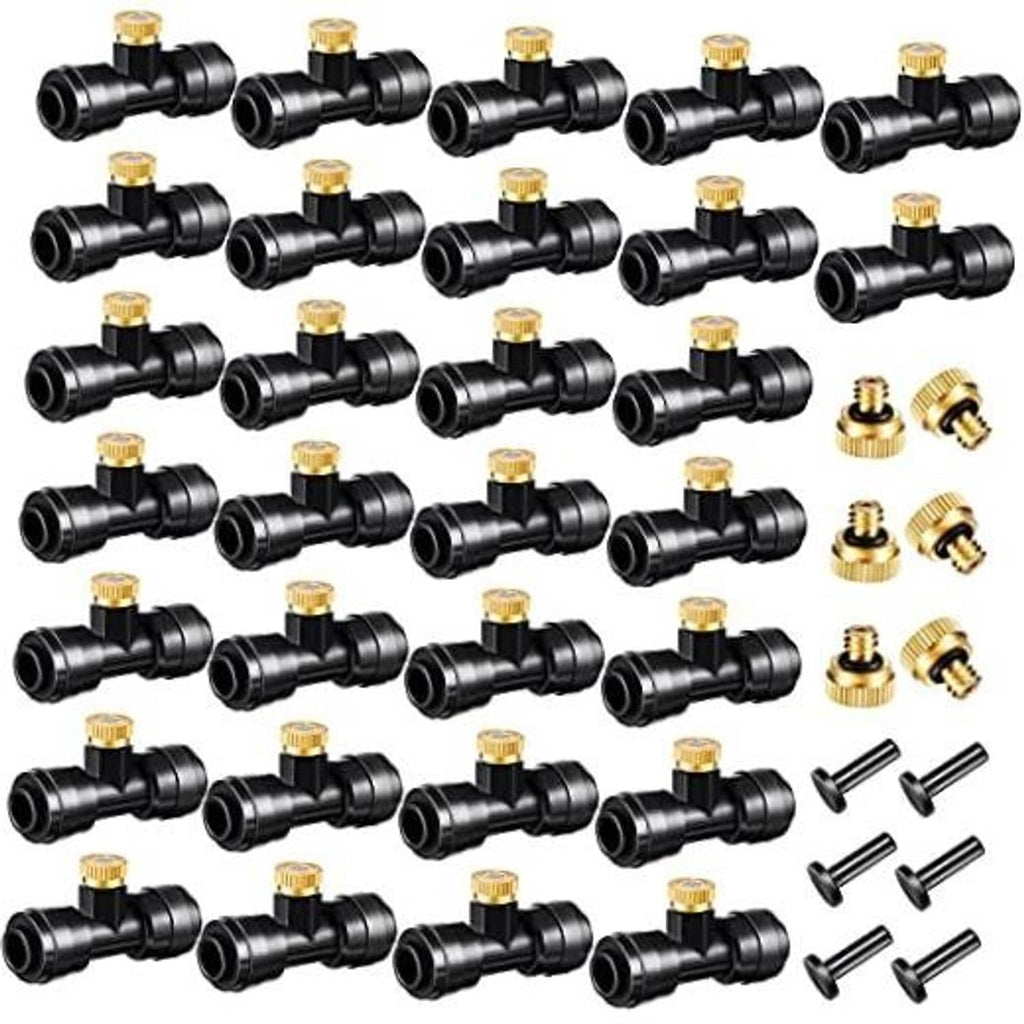 Misting nozzle kit: black tees with brass caps and small connection fittings (bulk set)