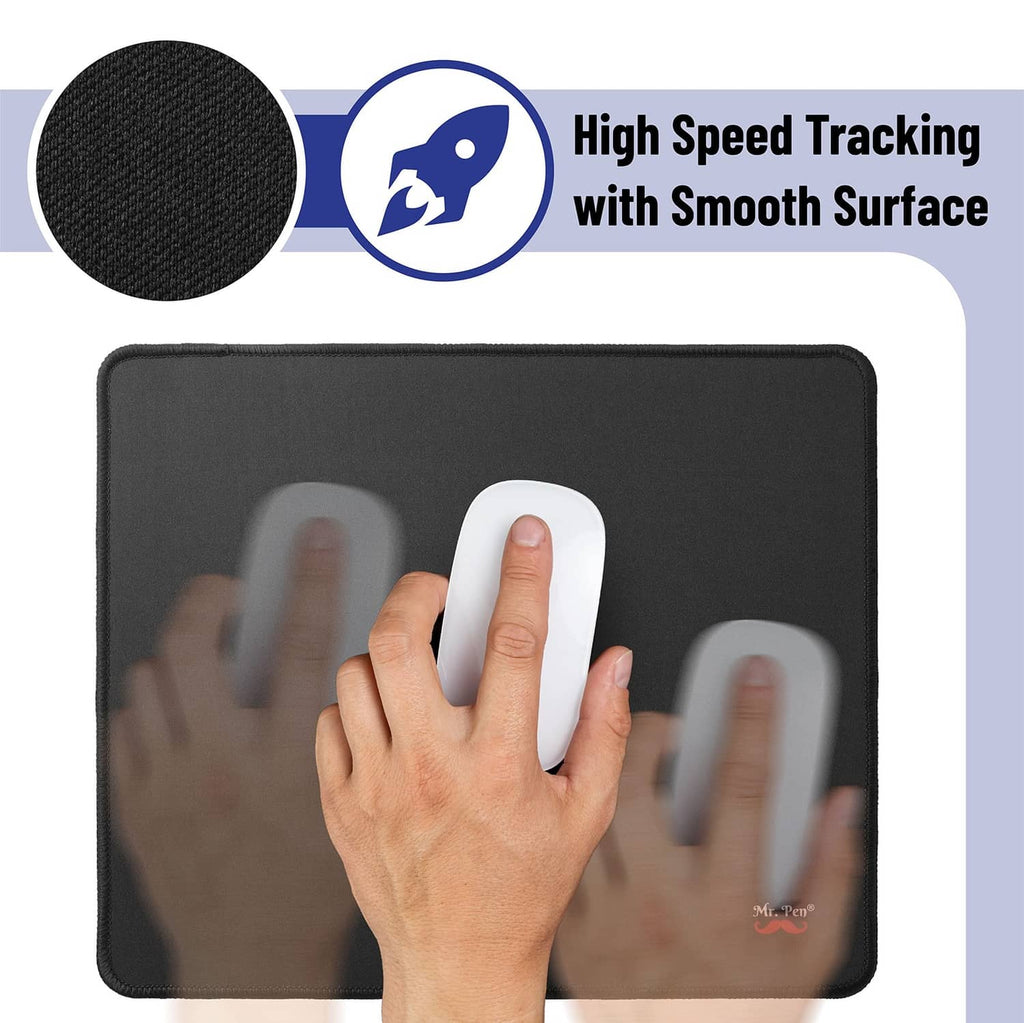 Black mouse pad with smooth surface and textured top for fast optical tracking.