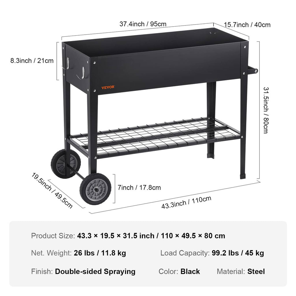 Black steel raised garden bed planter box with lower wire shelf and caster wheels