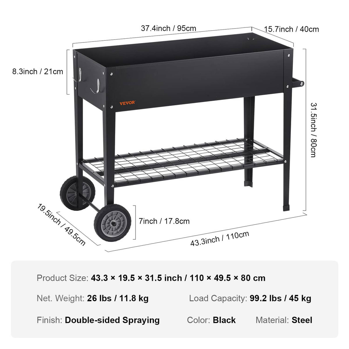 Black steel raised garden bed planter box with lower wire shelf and caster wheels