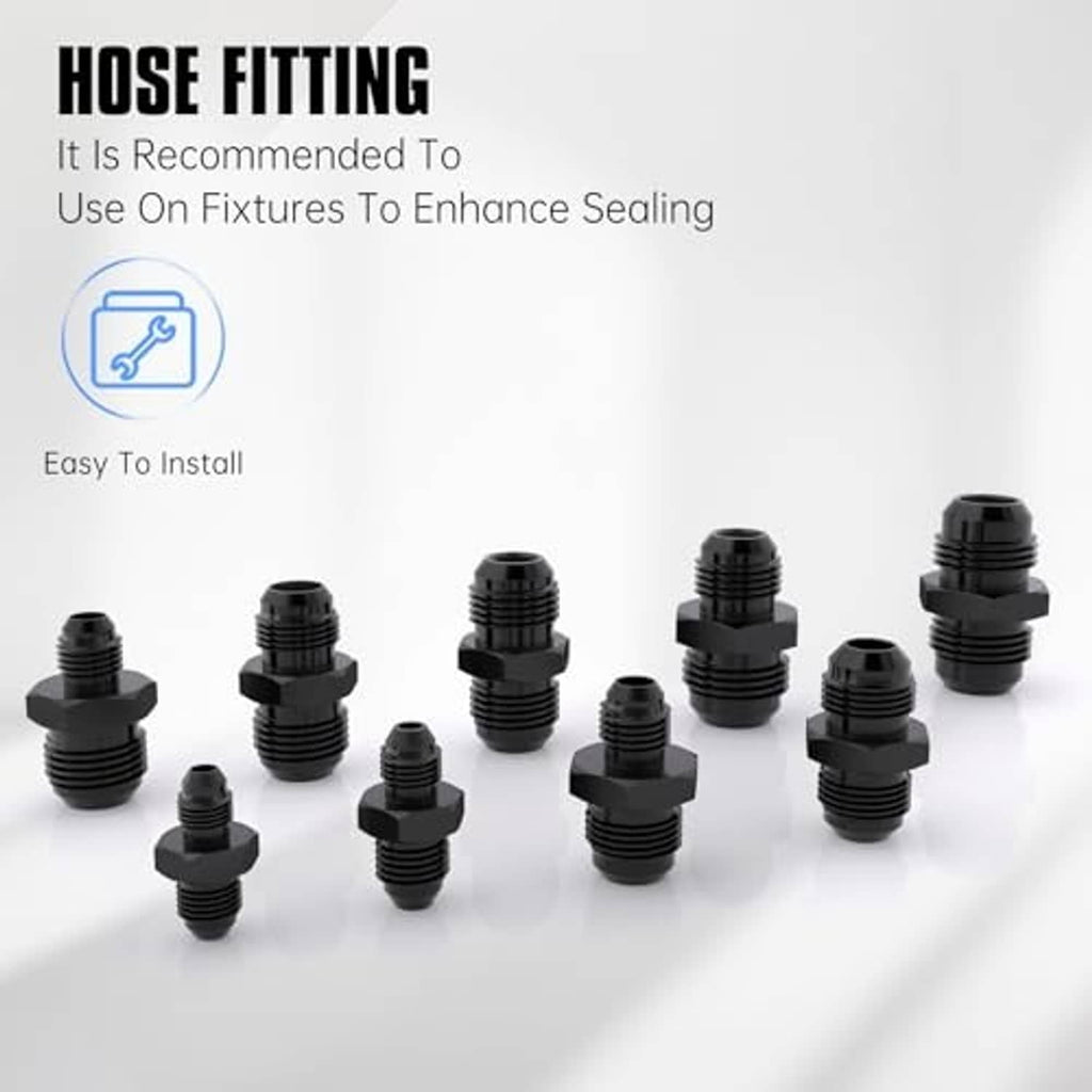 Assorted black hose fittings including an AN10 flare straight fitting with hex collars.