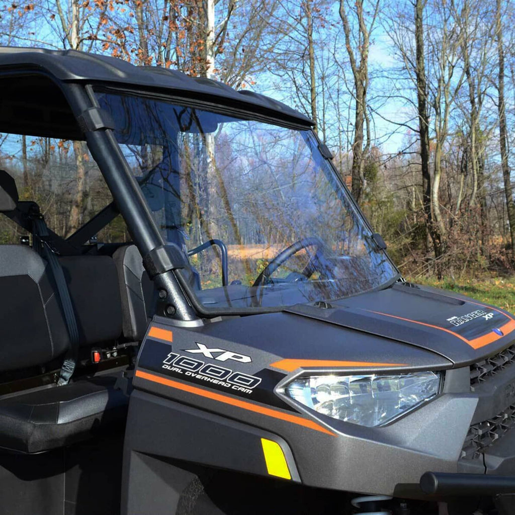 Clear UTV windshield panel with black frame and side mounting brackets