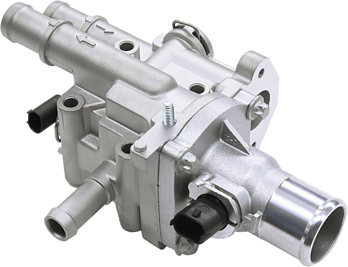 Thermostat housing assembly angled view with black connector and two metal pipes, silver.