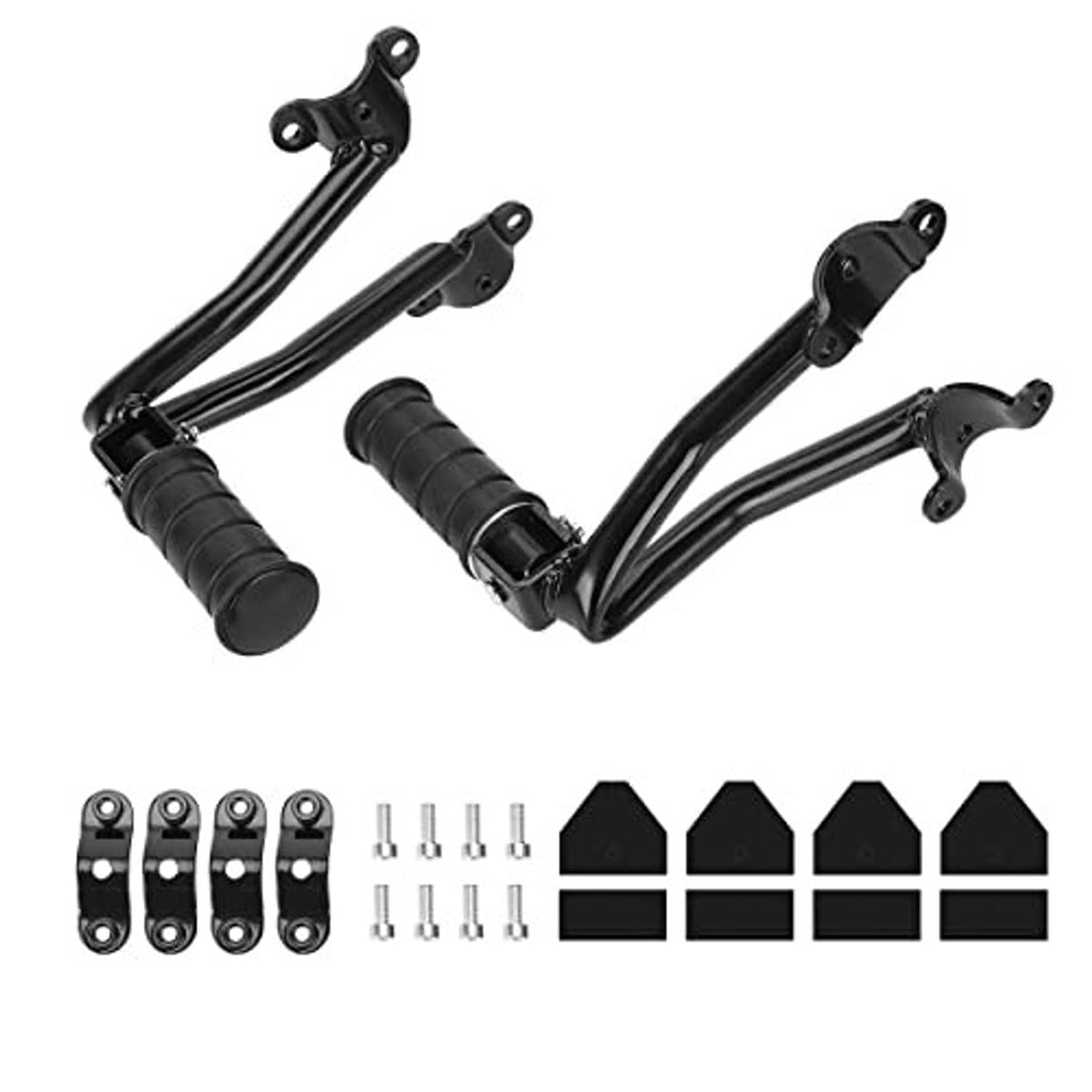 Black rear passenger foot pegs with rubber grips, mounting brackets, screws and pads