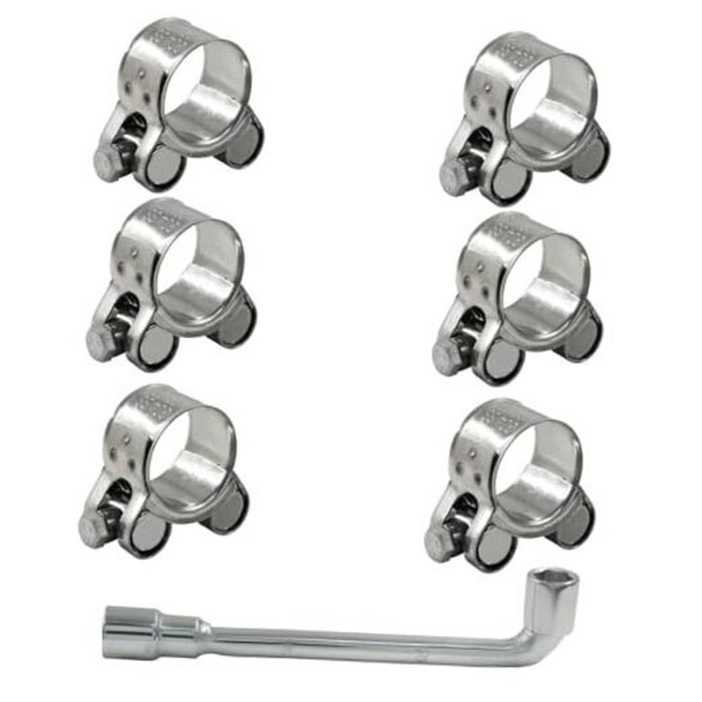 Set of stainless steel T-bolt hose clamps with adjustable bands and included L wrench