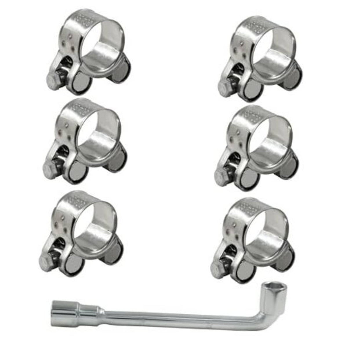 Set of stainless steel T-bolt hose clamps with adjustable bands and included L wrench