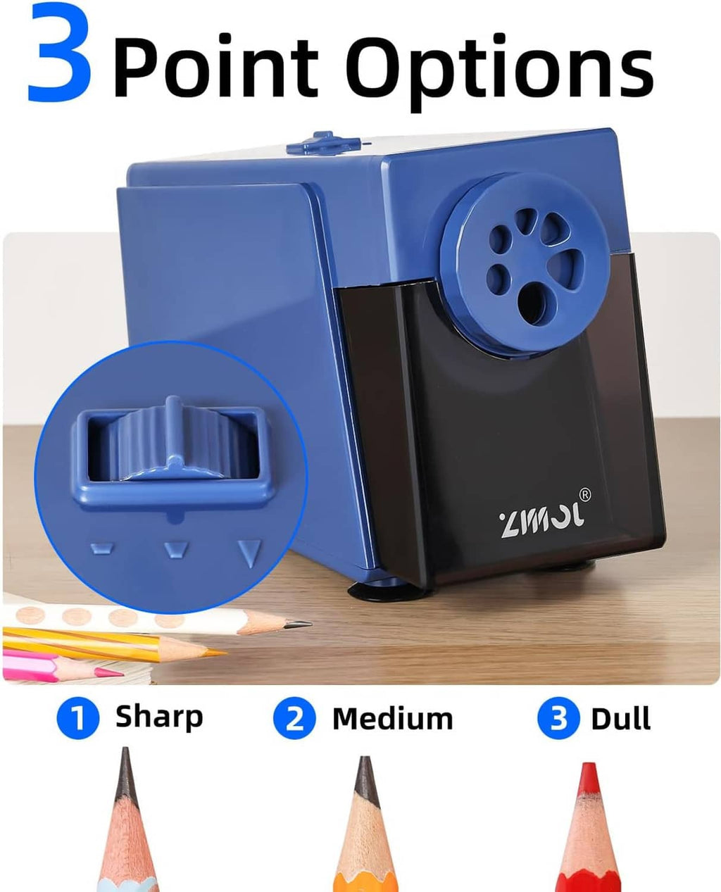 Blue electric pencil sharpener showing adjustable 3 sharpening settings and dial