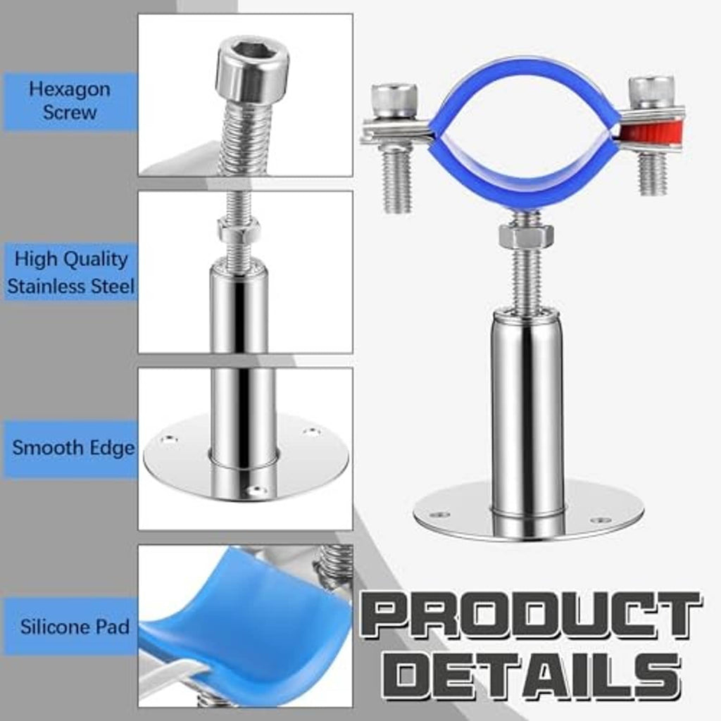 Stainless steel pipe support bracket with blue silicone pad, hex screws, and round base