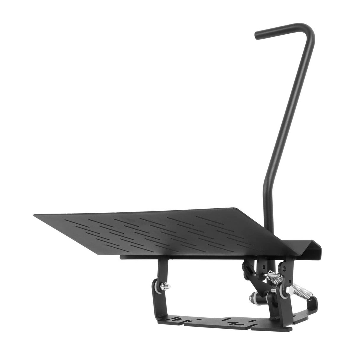 Chute blocker system with deflector plate, mounting hardware bracket, and upright handle