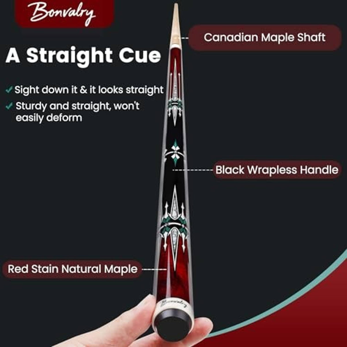 Pool cue with Canadian maple shaft, black wrapped handle, and 5/16 x 18 stainless steel joint