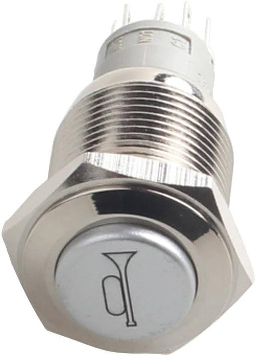 Metal momentary push button horn switch with illuminated LED-style ring and symbol cap
