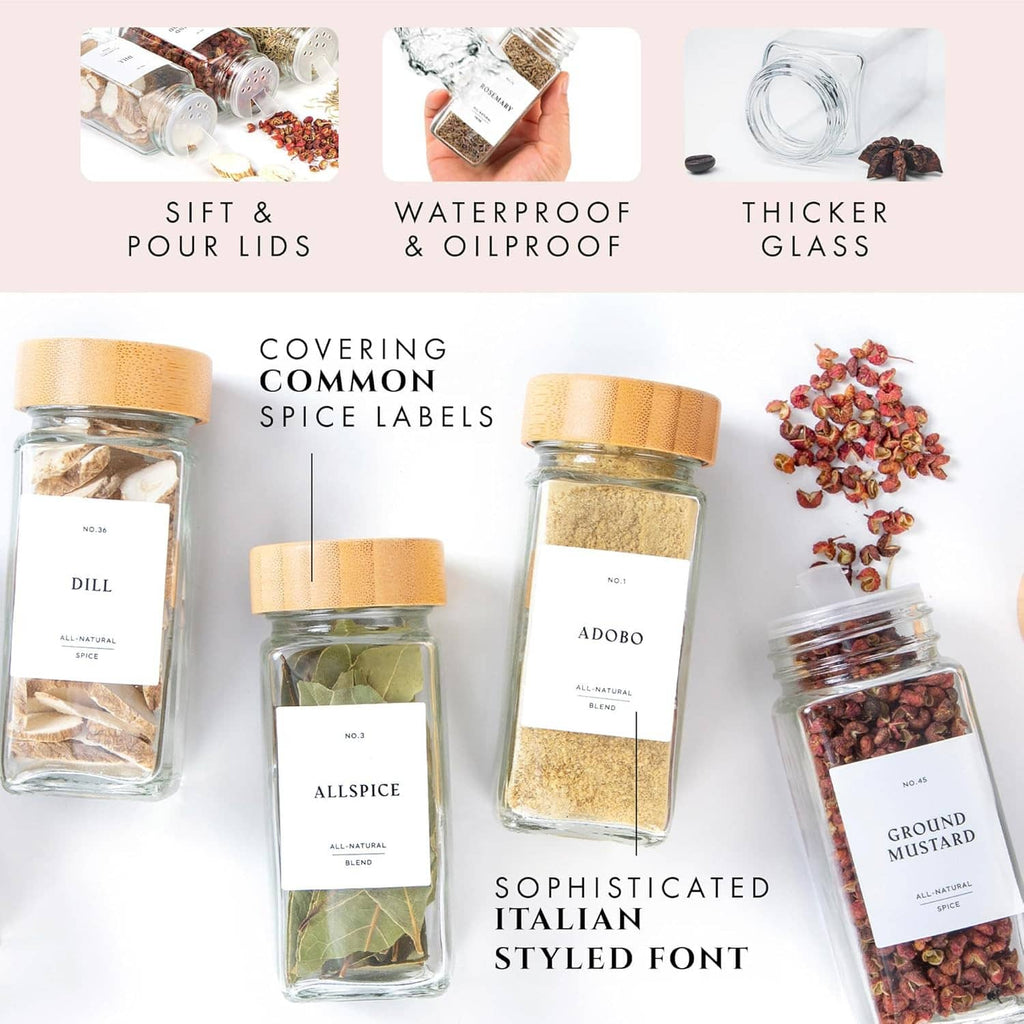 Clear glass spice jars with bamboo lids, soft & pour lids, and waterproof label cards