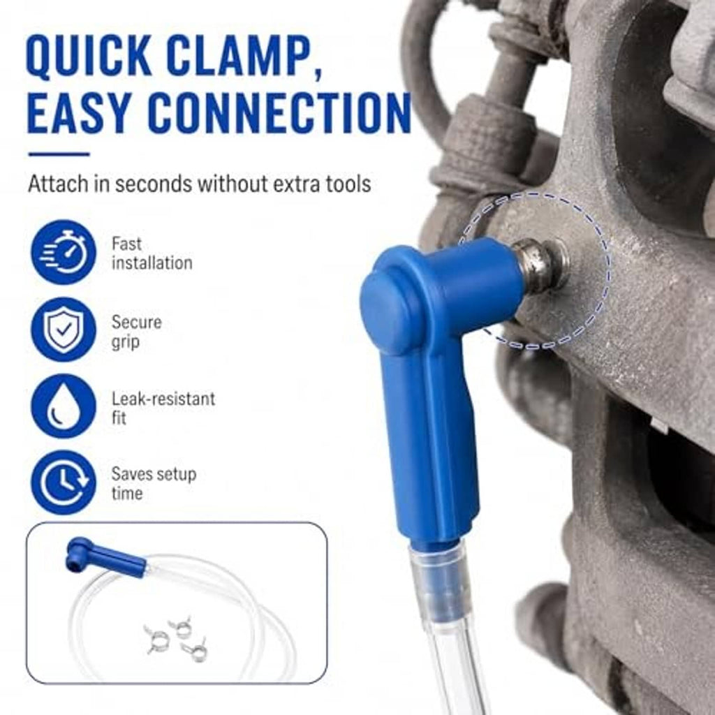Brake bleeder kit quick-clamp connector with blue handle, clear hoses, metal check valve