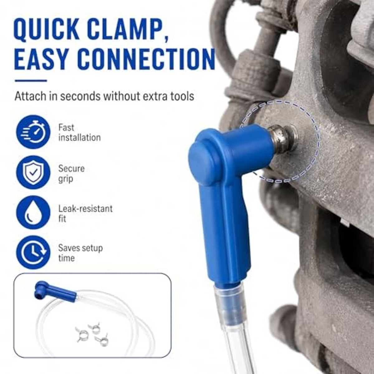 Brake bleeder kit quick-clamp connector with blue handle, clear hoses, metal check valve